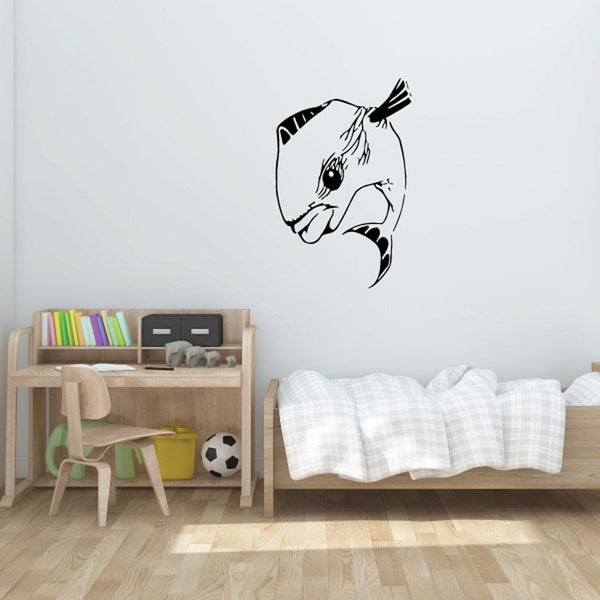Fish wall decal with black and white cartoon fish face and fins