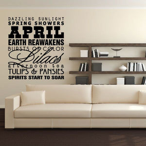 April typography wall decal with APRIL and Lilacs script in black