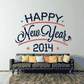 Happy New Year 2014 printed die-cut wall decal with blue script, red stars, and ribbon arcs