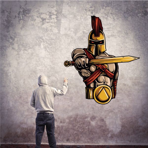 Ares Sticker: helmeted warrior holding a sword and shield, yellow black and red.