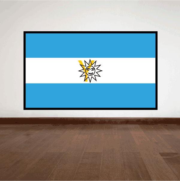Rectangular Argentine flag sticker with blue stripes, white center, and sun emblem.