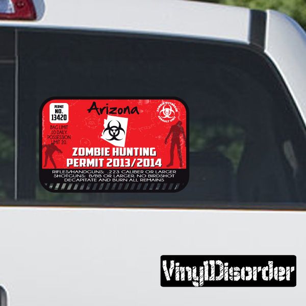 Zombie hunting permit sticker with Arizona text, red and black warning design
