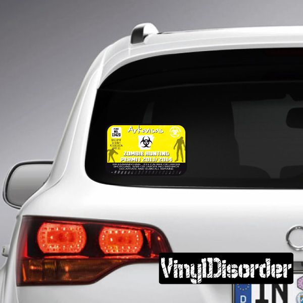 Arkansas zombie hunting permit sticker with yellow and black graphic design