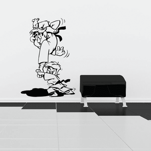 Martial arts arm-toss decal with cartoon fighter striking pose, black outline