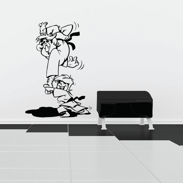 Martial arts arm-toss decal with cartoon fighter striking pose, black outline