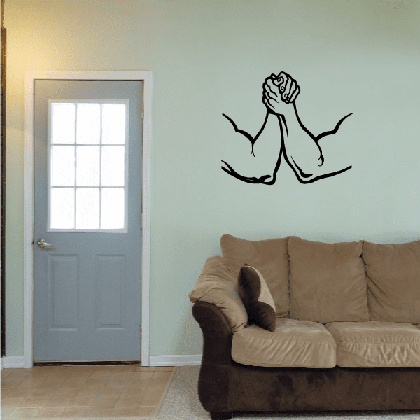 Arm wrestling wall decal with black line drawing of two grappling arms