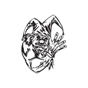 Black-and-white jester face decal with raised arm and fist