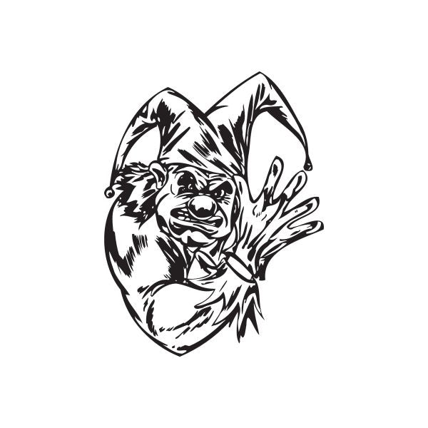 Black-and-white jester face decal with raised arm and fist