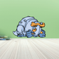 Armored dinosaur sticker, light blue cartoon reptile with orange horn and armor details