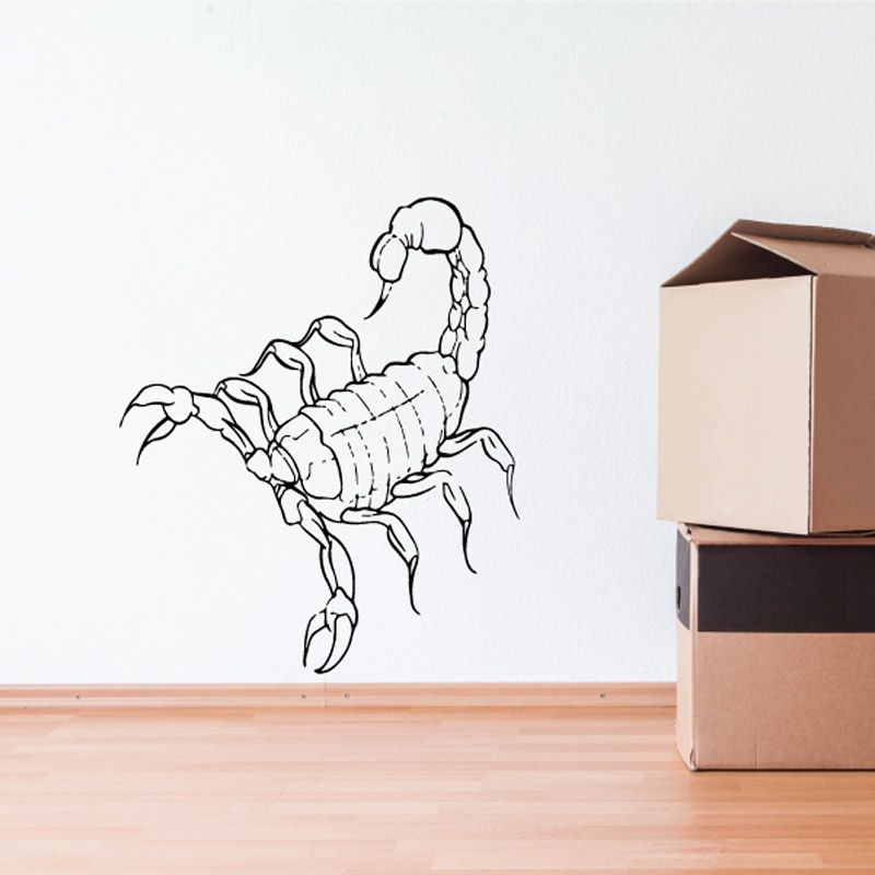 Armored scorpion decal with bold black line-art on a light background