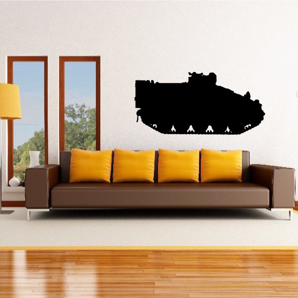 Armored personnel transport decal with dark vehicle silhouette on wall