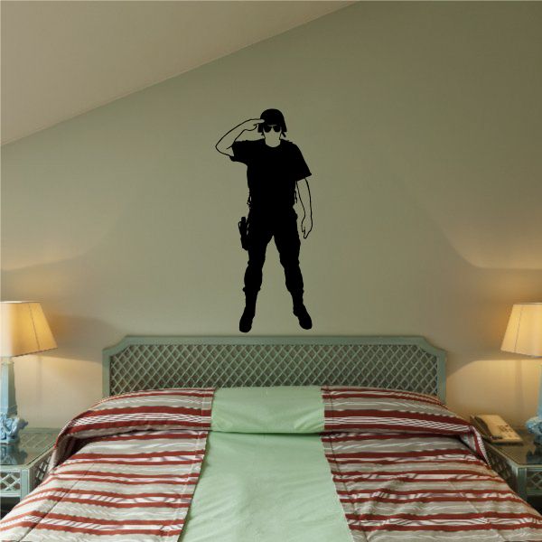 Armored soldier saluting decal, black silhouette with raised hand and helmet