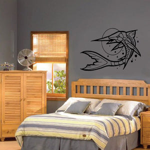 Armored style swordfish and moon wall decal, black outline with detailed accents