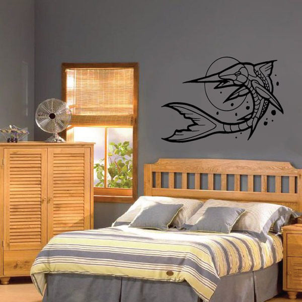 Armored style swordfish and moon wall decal, black outline with detailed accents