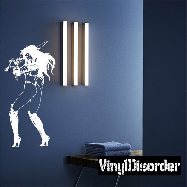 Armored woman swinging sword wall decal, white silhouette style