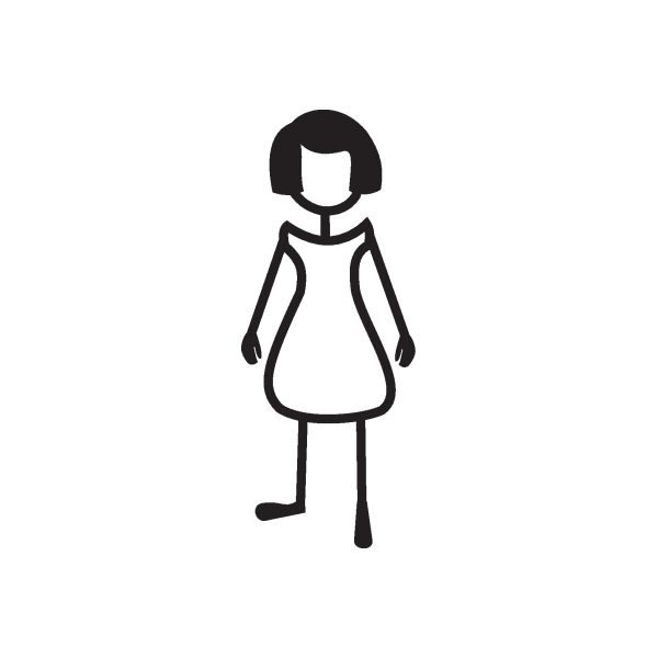 Arms-down girl dress decal, black outline with white dress and shoes