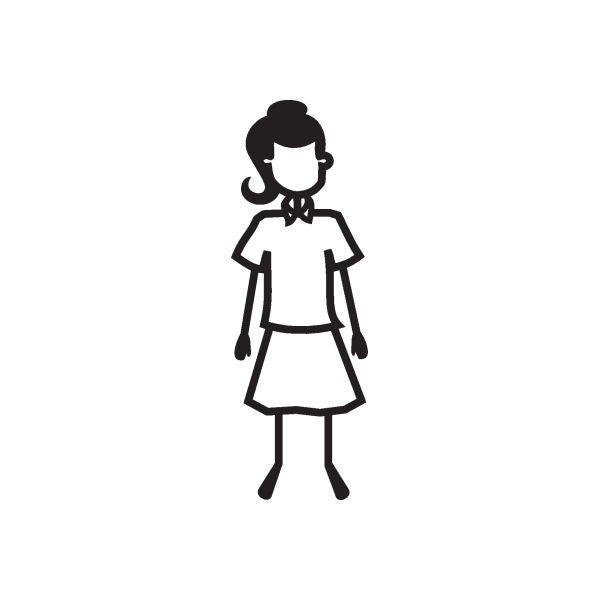 Black outline girl decal with ponytail, arms down, short skirt
