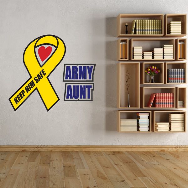 Yellow ribbon decal with red heart, 'ARMY AUNT' and 'KEEP HIM SAFE'