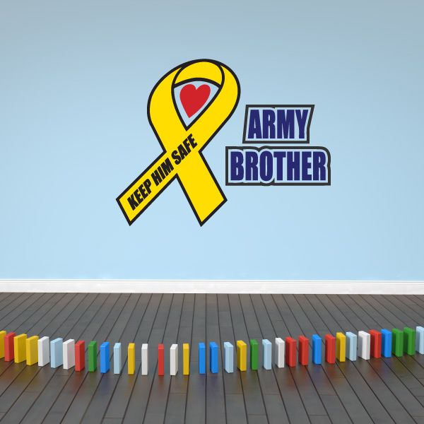 Army brother ribbon decal: yellow ribbon with red heart, 'KEEP HIM SAFE' and 'ARMY BROTHER'.