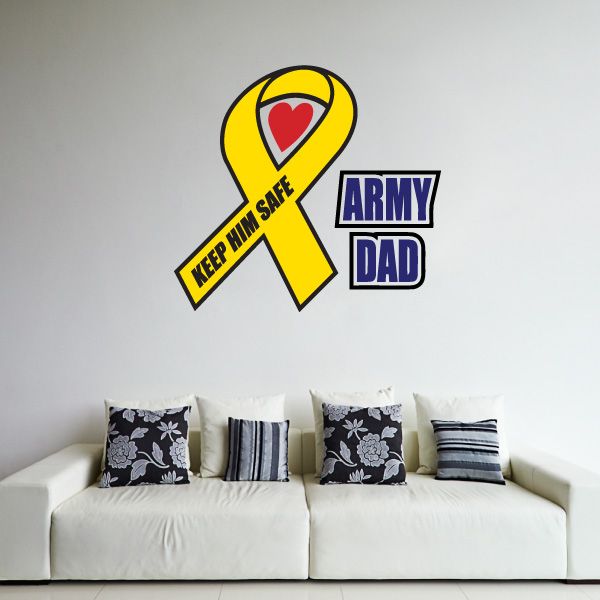 Army Dad ribbon decal with yellow awareness ribbon, heart, and text KEEP HIM SAFE