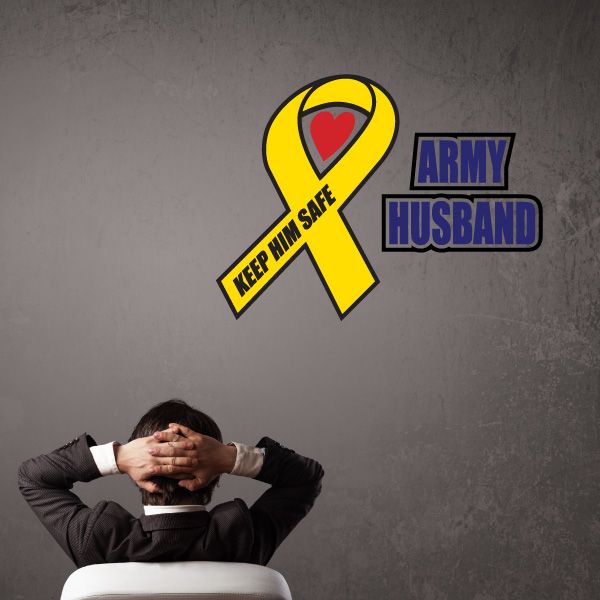 Yellow ribbon die-cut decal with heart and text “KEEP HIM SAFE” and “ARMY HUSBAND”