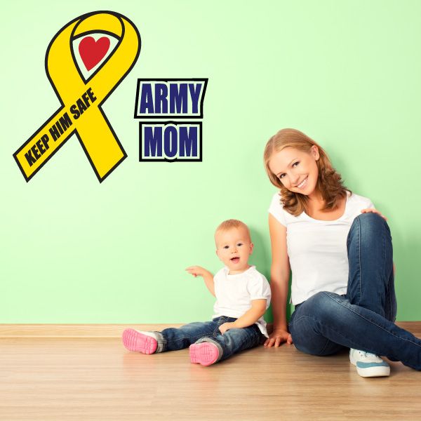 Yellow ribbon decal with heart and 'ARMY MOM' lettering plus KEEP EM SAFE text