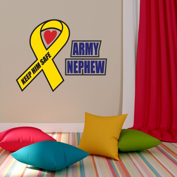 Army nephew ribbon printed die-cut decal with yellow heart ribbon and blue text