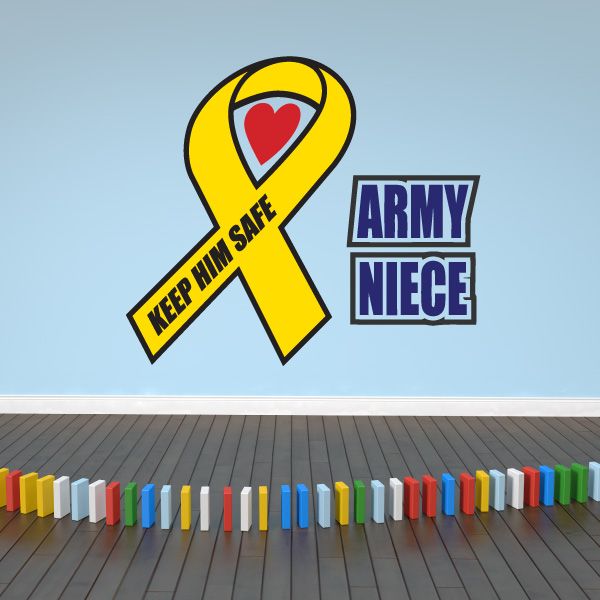 Yellow ribbon die-cut decal with 'KEEP HIM SAFE' and 'ARMY NIECE' text