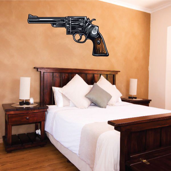 Revolver printed die-cut wall decal, black and gray line art