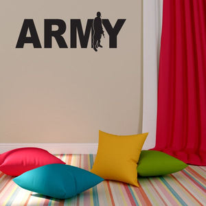 Wall decal with black ARMY text and standing soldier silhouette centered