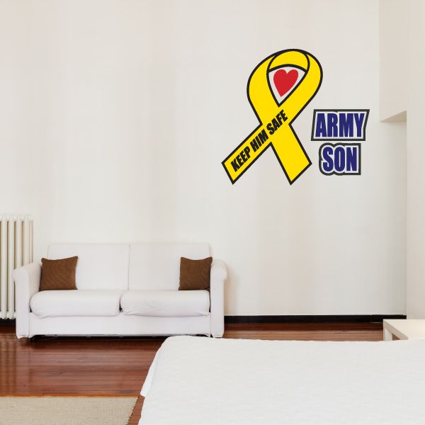 Army son ribbon decal: yellow ribbon with heart, 'ARMY SON'
