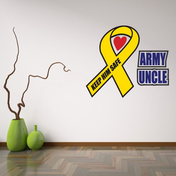 Yellow ribbon decal with heart, KEEP HIM SAFE text, and ARMY UNCLE lettering