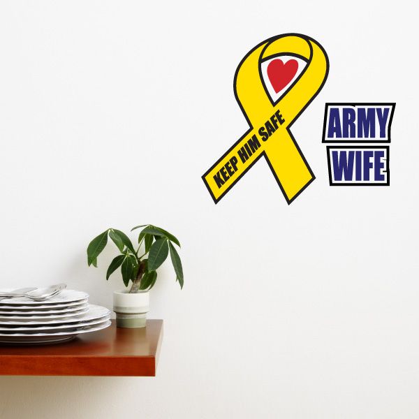 Yellow ribbon decal with heart, 'Keep Him Safe' and 'Army Wife' text