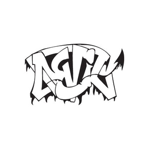 Graffiti wall decal with bold black-and-white lettering and jagged edges