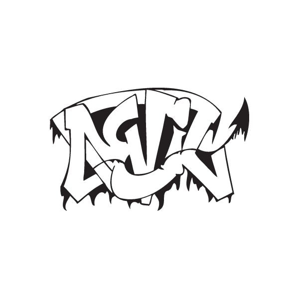 Graffiti wall decal with bold black-and-white lettering and jagged edges