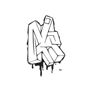 Graffiti art decal with bold black-and-white abstract tag design