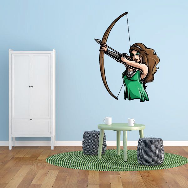 Artemis sticker of a woman in green dress aiming a bow and arrow