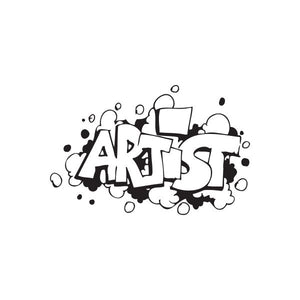 Graffiti decal with bold black-and-white street lettering and small bubbles