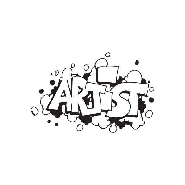 Graffiti decal with bold black-and-white street lettering and small bubbles