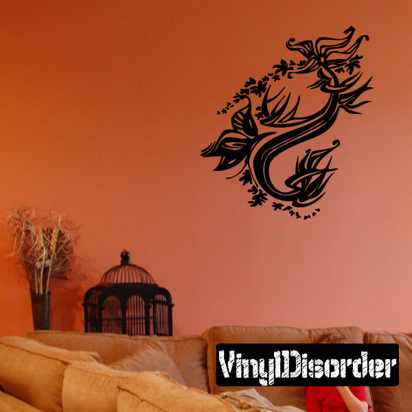 Floral bird wall decal with ornate swirls in black