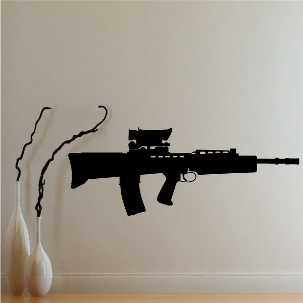 Black assault rifle wall decal with detailed silhouette