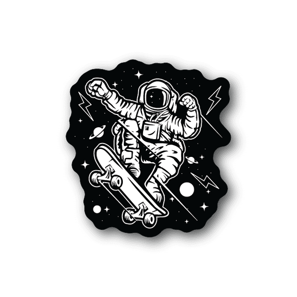 Vinyl sticker of white astronaut skateboarding with star and spark icons