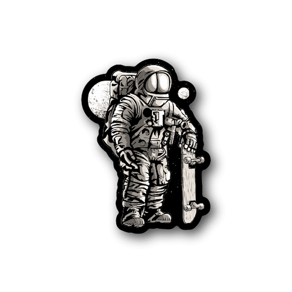 Astronaut skateboarder vinyl sticker, black and white astronaut with skateboard