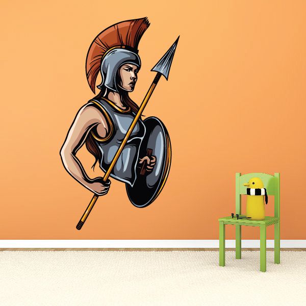 Athena warrior shield and spear sticker, cartoon helmeted figure in dark armor