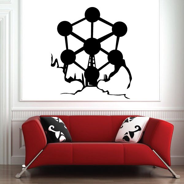Atomuim decal with black atomic symbol over stylized soldier silhouette
