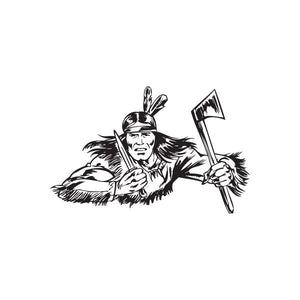 Native American attacking decal with feathered warrior holding an axe, black outline