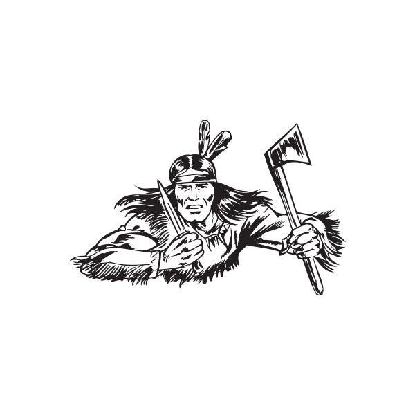 Native American attacking decal with feathered warrior holding an axe, black outline
