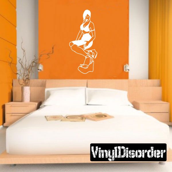 High heel woman silhouette decal, white line art on orange wall