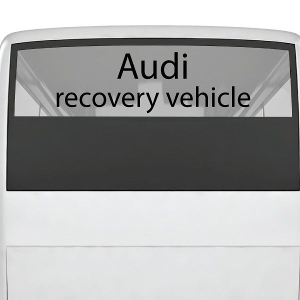 Audi recovery vehicle decal with black and gray text on a dark strip