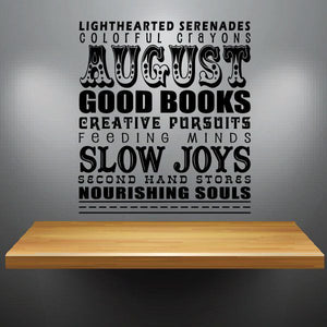 August word collage wall decal with bold black lettering and assorted inspiring phrases